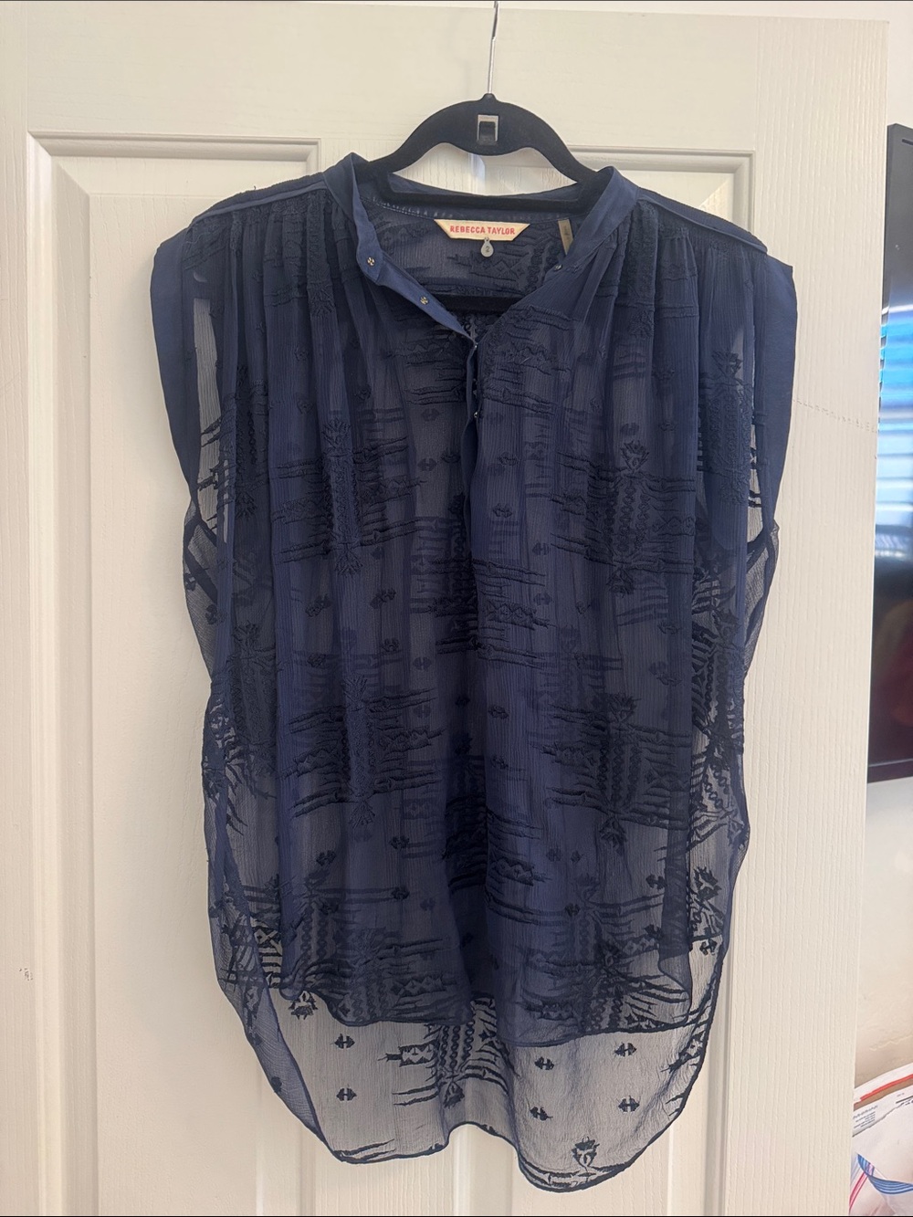 Rebecca Taylor Navy Embroidered Sleeveless Sheer Top